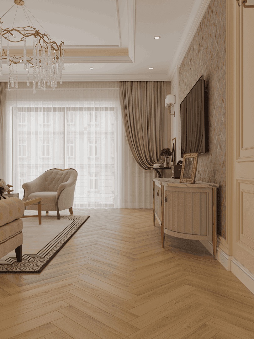 Ламинат Norland Herringbone Elegant Strong Дуб Борео LF304-32 венгерская елка 600×100×12 фото в интерьере