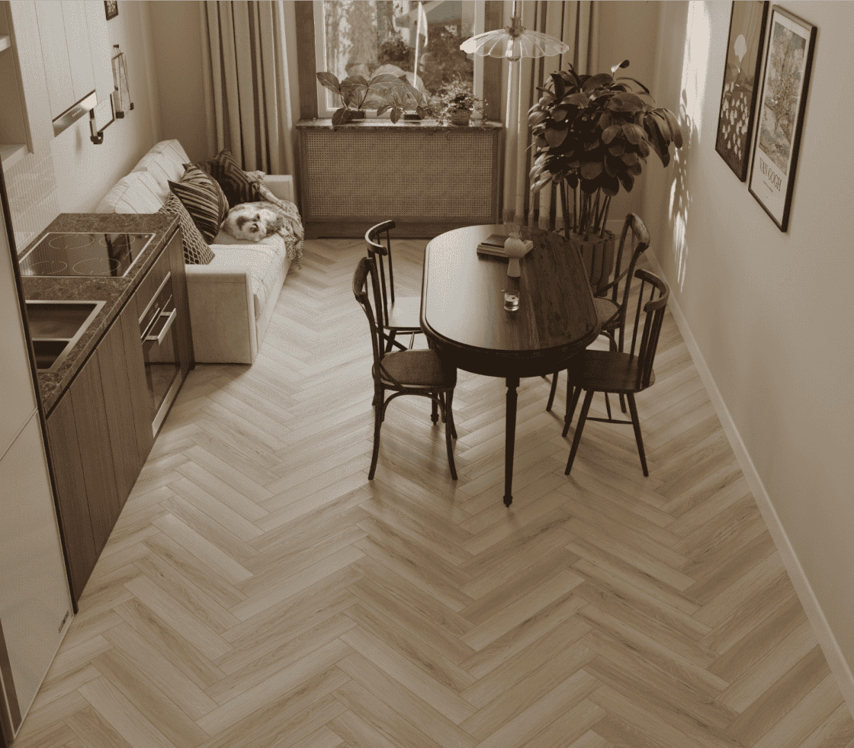 Ламинат Norland Herringbone Elegant Дуб Иония LF303-33 венгерская елка 600×100×8 фото в интерьере Ламинат Norland Herringbone Elegant Дуб Иония LF303-33 венгерская елка 600×100×8 фото в интерьере