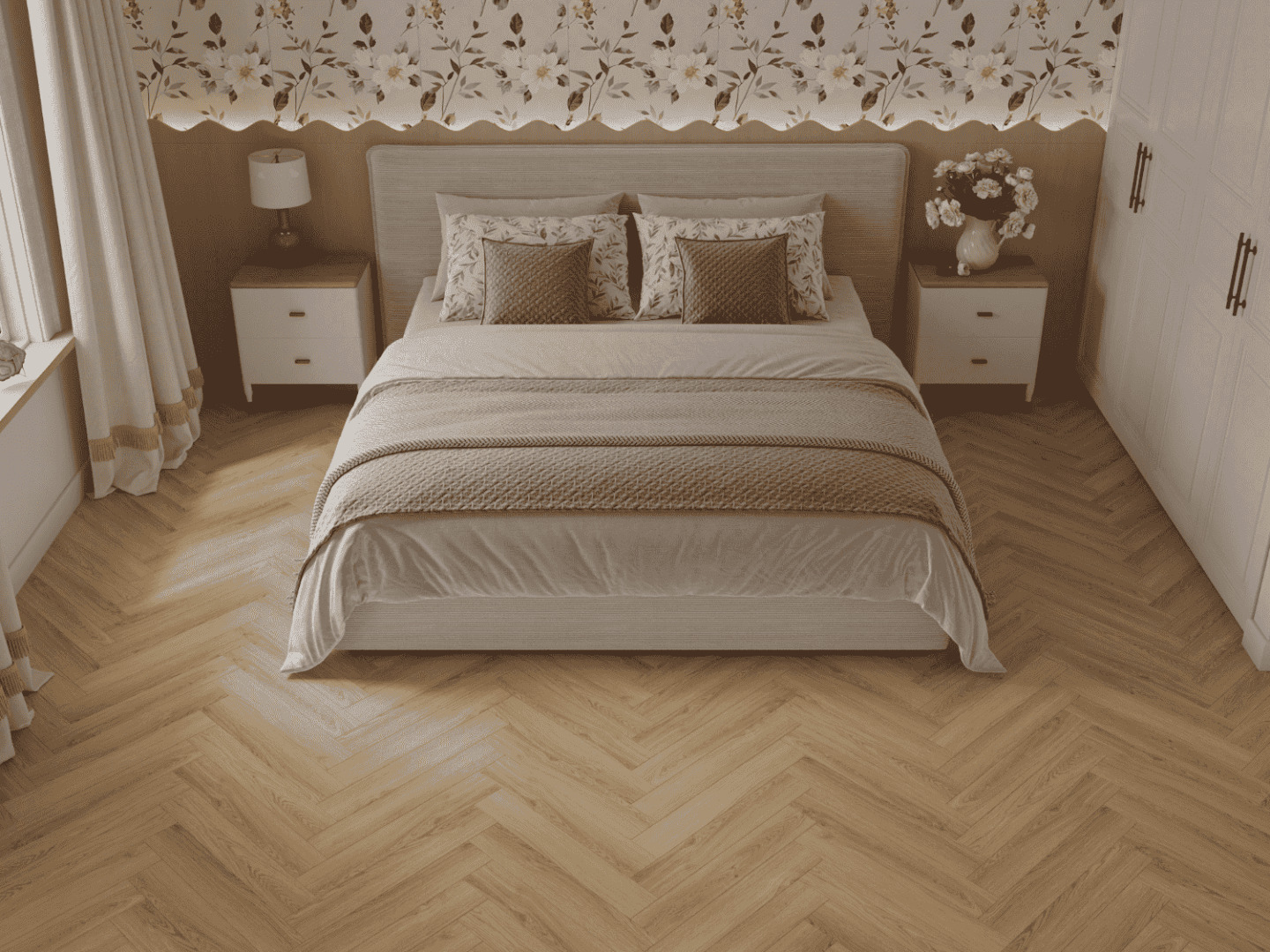 Ламинат Norland Herringbone Elegant Дуб Монте LF303-34 венгерская елка 600×100×8 фото в интерьере