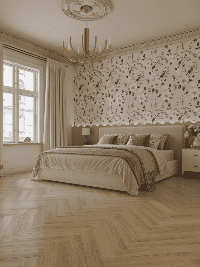 Ламинат Norland Herringbone Elegant Дуб Монте LF303-34 венгерская елка 600×100×8 фото в интерьере