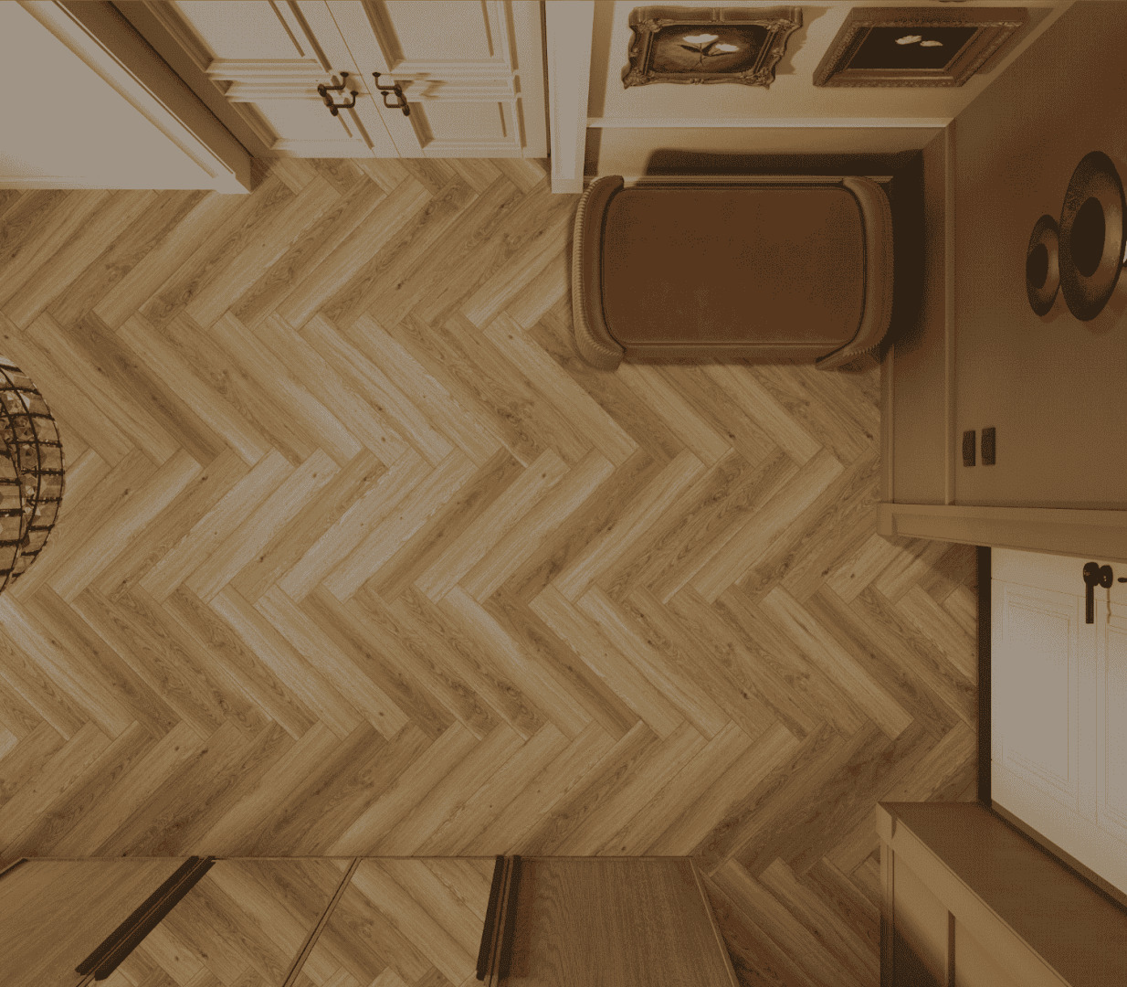 Ламинат Norland Herringbone Elegant Дуб Рива LF303-35 венгерская елка 600×100×8 фото в интерьере