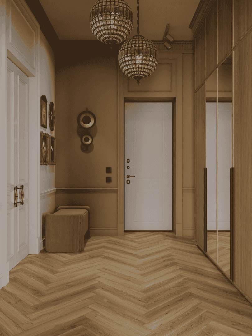 Ламинат Norland Herringbone Elegant Дуб Рива LF303-35 венгерская елка 600×100×8 фото в интерьере