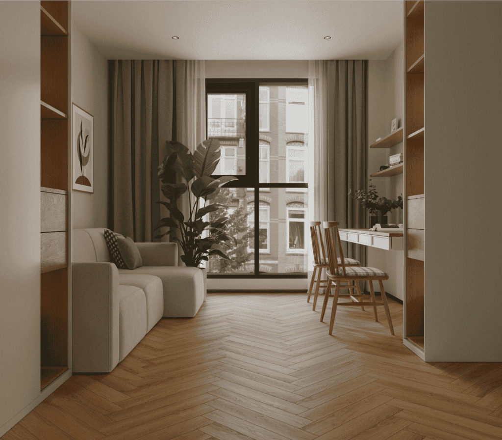 Ламинат Norland Herringbone Elegant Дуб Наксос LF303-36 венгерская елка 600×100×8 фото в интерьере