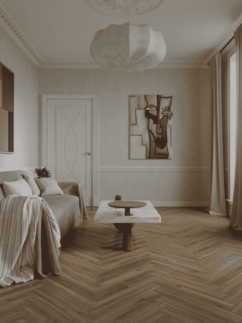 Ламинат Norland Herringbone Elegant Дуб Велла LF303-37 венгерская елка 600×100×8 фото в интерьере