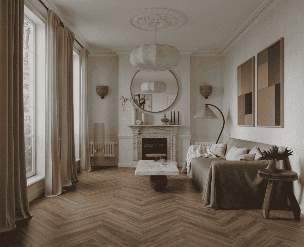 Ламинат Norland Herringbone Elegant Дуб Велла LF303-37 венгерская елка 600×100×8 фото в интерьере