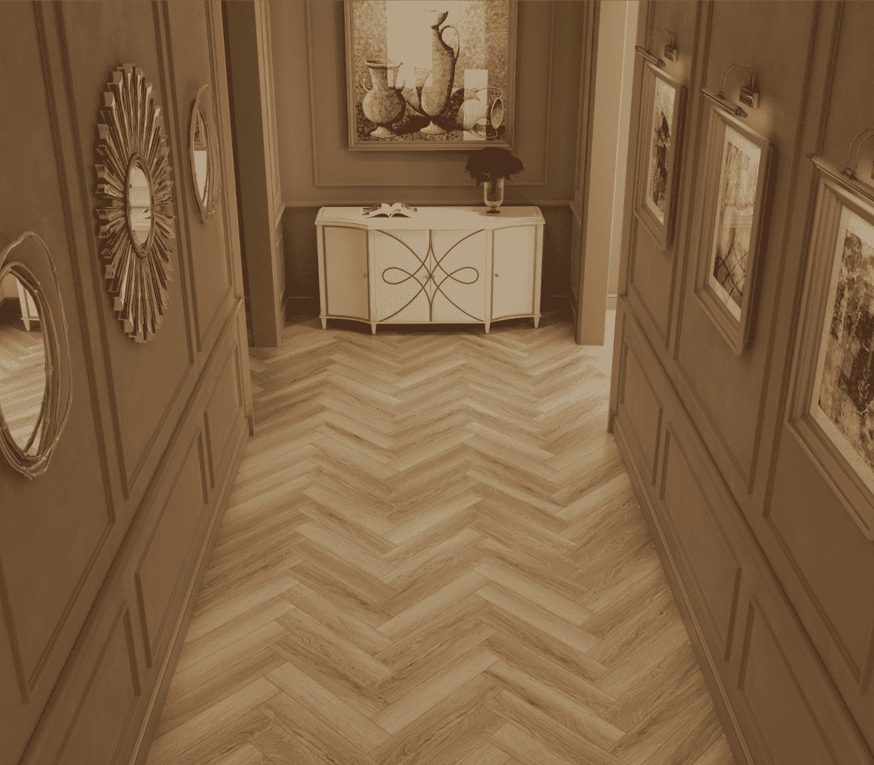 Ламинат Norland Herringbone Elegant Дуб Тинос LF303-38 венгерская елка 600×100×8 фото в интерьере