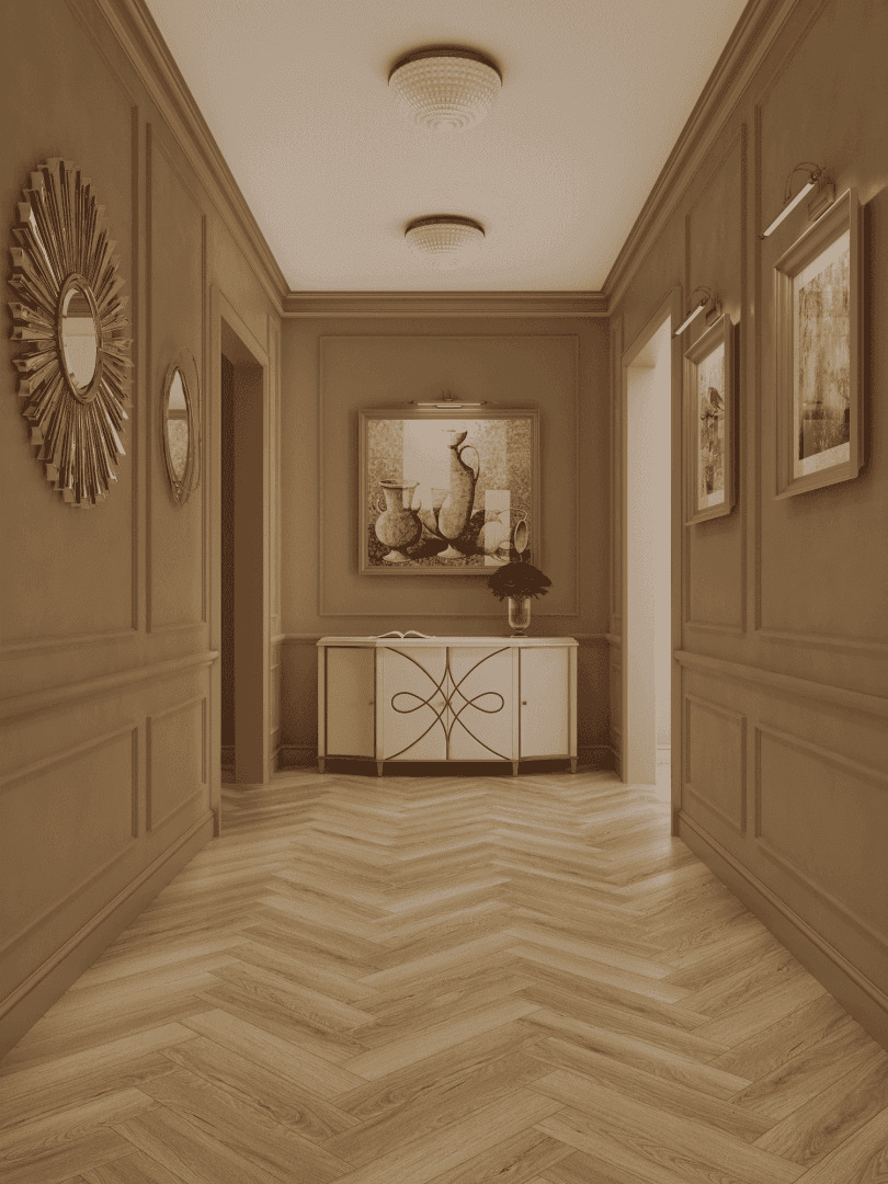 Ламинат Norland Herringbone Elegant Дуб Тинос LF303-38 венгерская елка 600×100×8 фото в интерьере