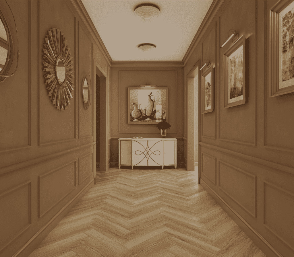 Ламинат Norland Herringbone Elegant Дуб Тинос LF303-38 венгерская елка 600×100×8 фото в интерьере