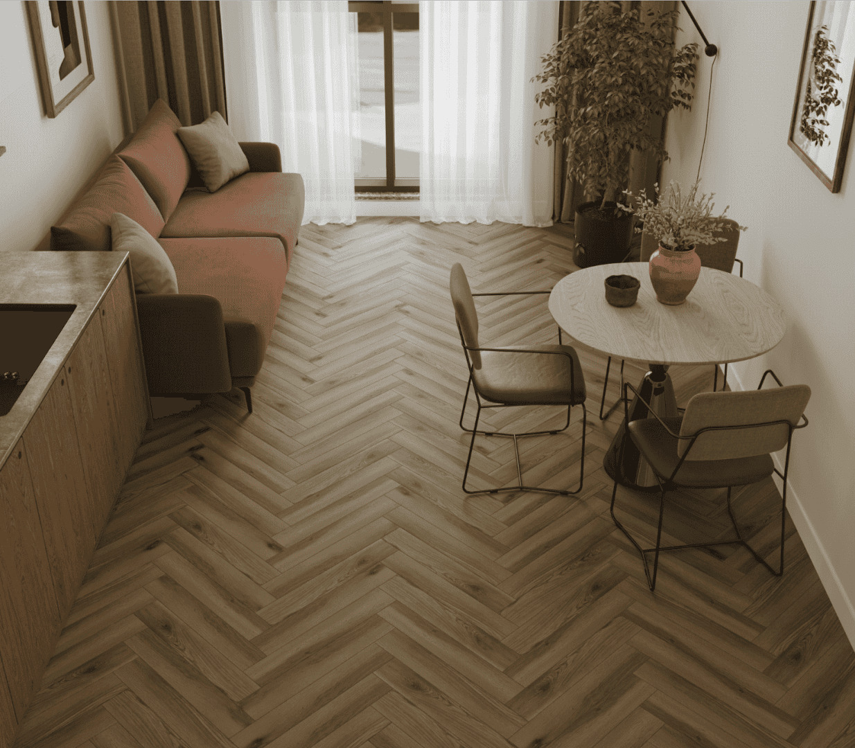 Ламинат Norland Herringbone Elegant Дуб Лира LF303-40 венгерская елка 600×100×8 фото в интерьере