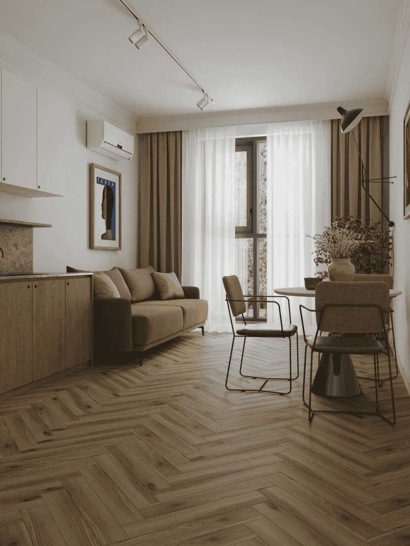 Ламинат Norland Herringbone Elegant Дуб Лира LF303-40 венгерская елка 600×100×8 фото в интерьере