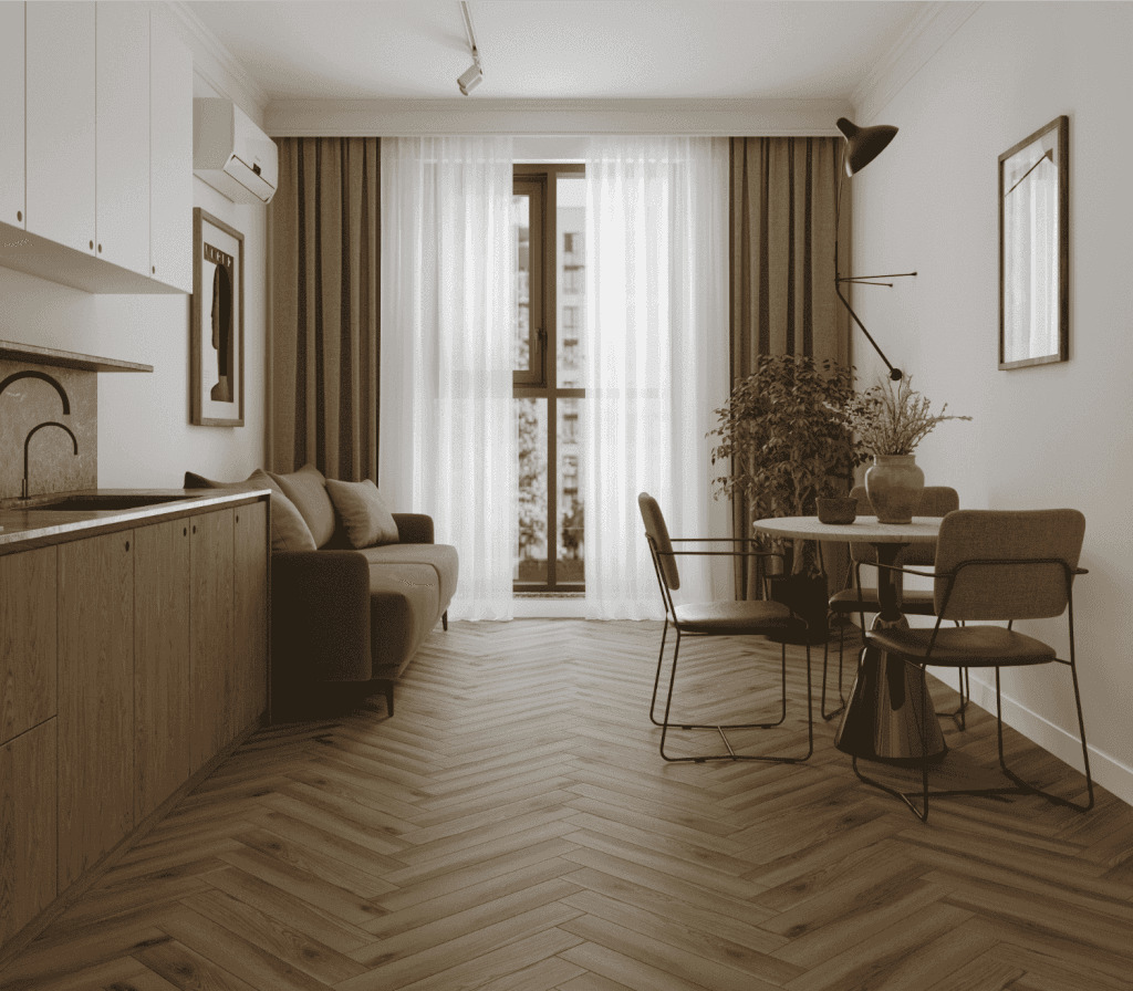 Ламинат Norland Herringbone Elegant Дуб Лира LF303-40 венгерская елка 600×100×8 фото в интерьере