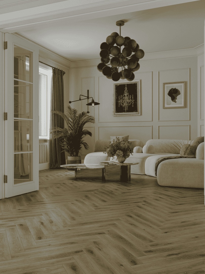 Ламинат Norland Herringbone Elegant Strong Дуб Элла LF304-41 венгерская елка 600×100×12 фото в интерьере