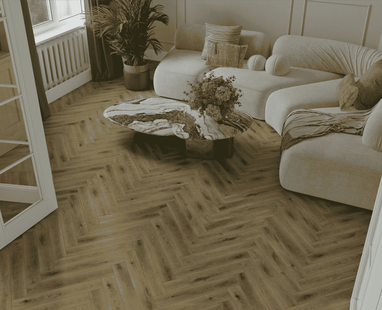 Ламинат Norland Herringbone Elegant Strong Дуб Элла LF304-41 венгерская елка 600×100×12 фото в интерьере