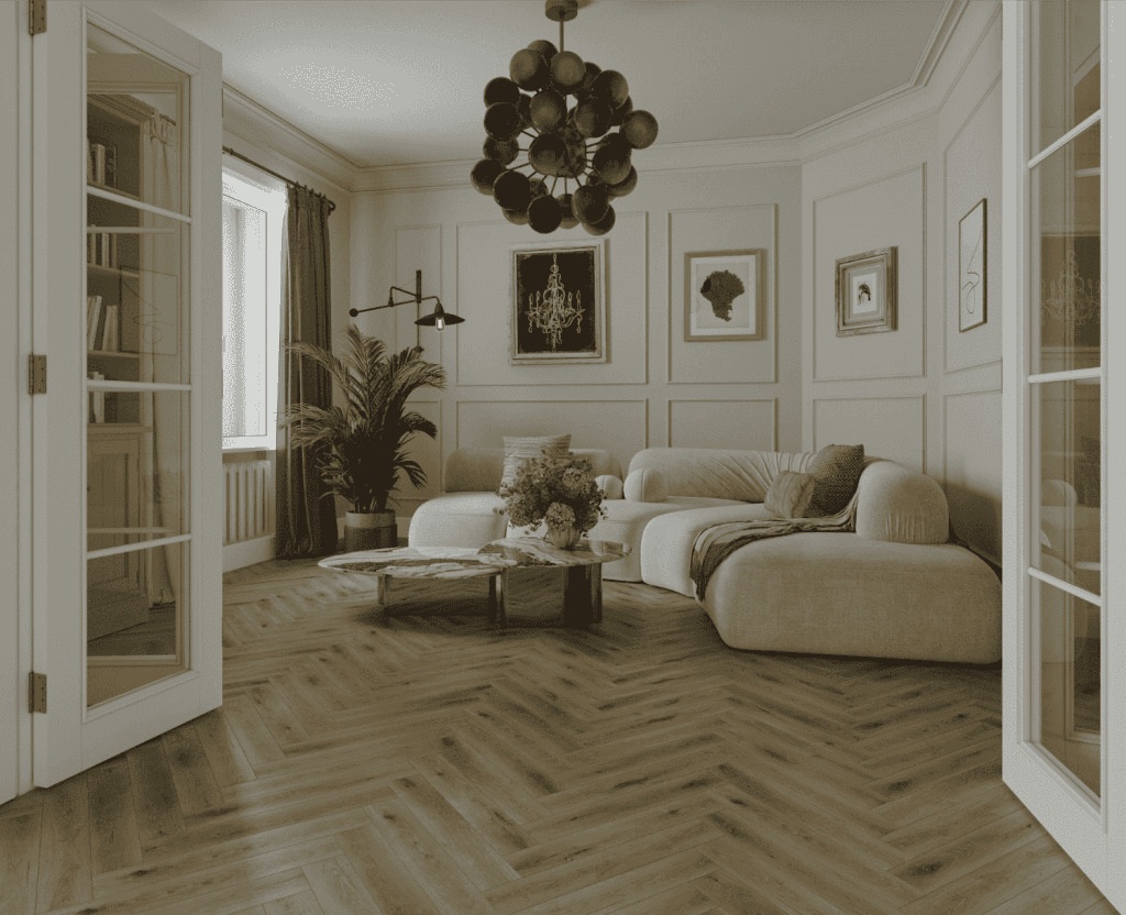 Ламинат Norland Herringbone Elegant Strong Дуб Элла LF304-41 венгерская елка 600×100×12 фото в интерьере