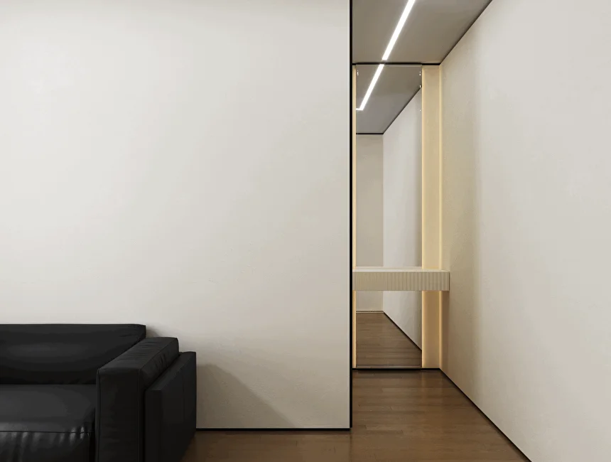 Плинтус алюминиевый теневой с подсветкой Laconistiq Light Doors Черный 38-11-300 3000×36×15,5 фото в интерьере