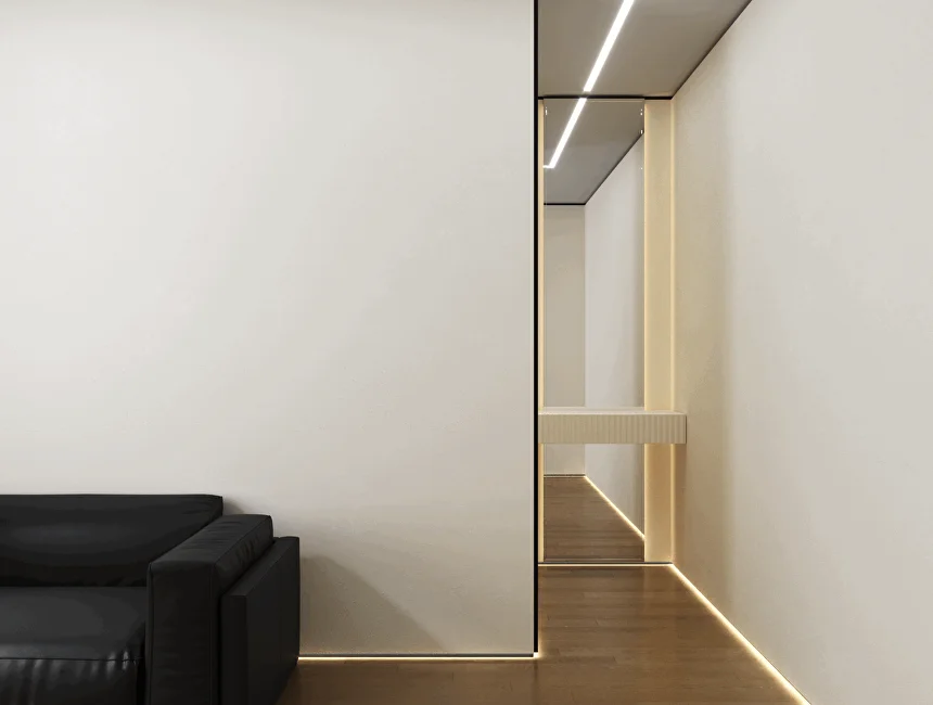 Плинтус алюминиевый теневой с подсветкой Laconistiq Light Doors Черный 38-11-300 3000×36×15,5 фото в интерьере