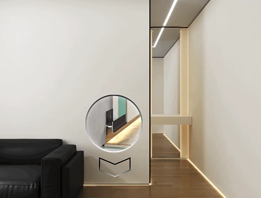 Плинтус алюминиевый теневой с подсветкой Laconistiq Light Doors Черный 38-11-300 3000×36×15,5 фото в интерьере