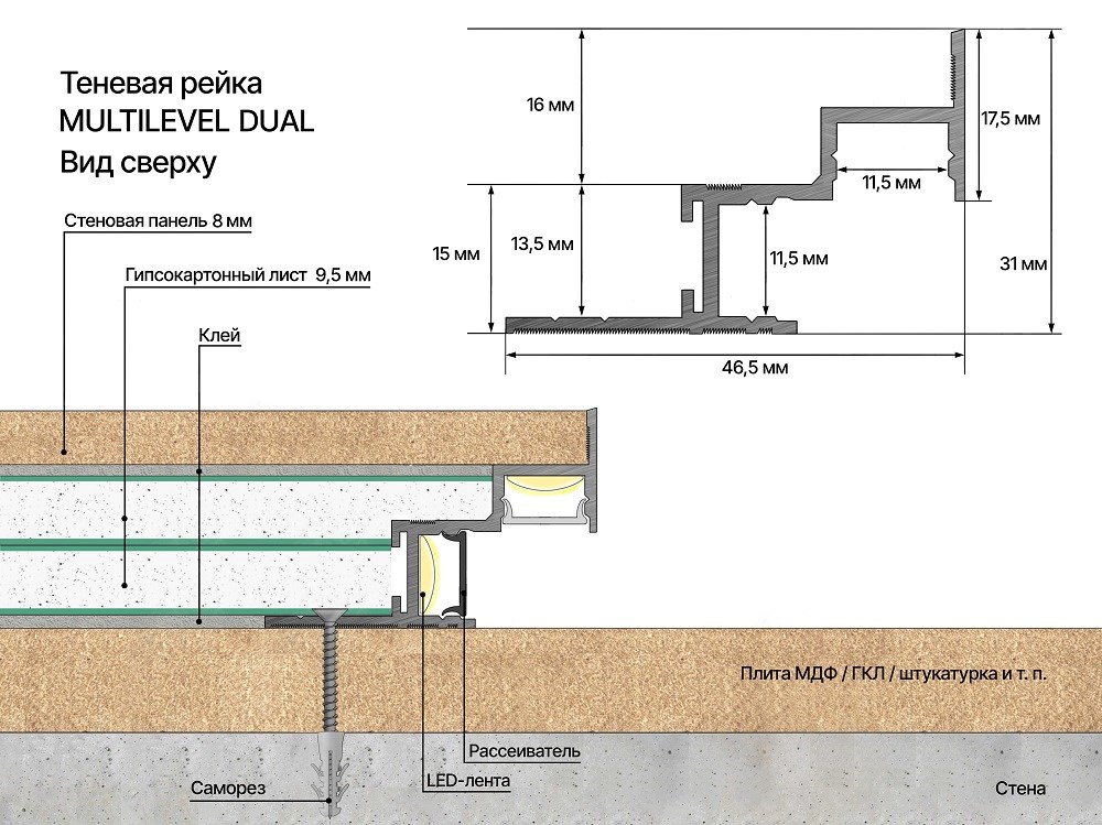 Профиль алюминиевый теневой с подсветкой Laconistiq Multilevel Dual Без покрытия 30-100-300 3000×46,7×31