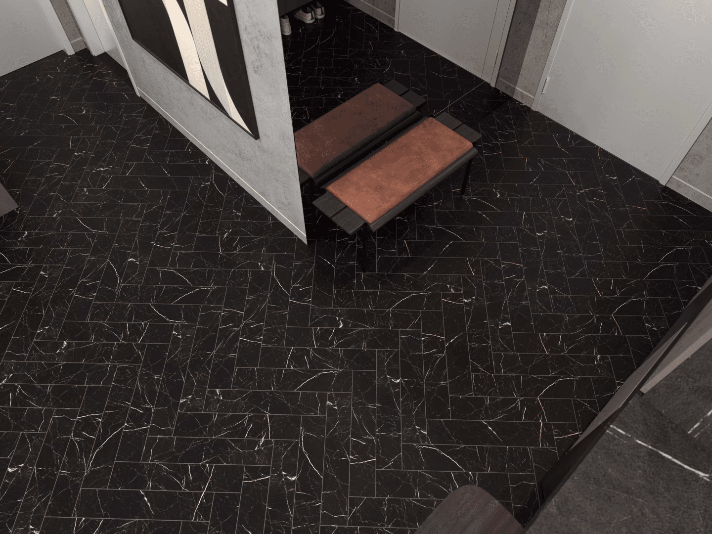 Кварцвиниловый SPC ламинат Alpine Floor Адамант Паркет Неро ECO 31-11-R венгерская елка 600×125×5 фото в интерьере