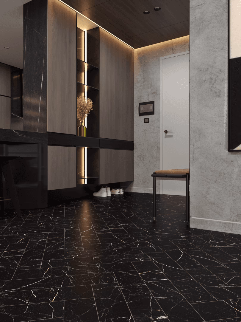 Кварцвиниловый SPC ламинат Alpine Floor Адамант Паркет Неро ECO 31-11-R венгерская елка 600×125×5 фото в интерьере