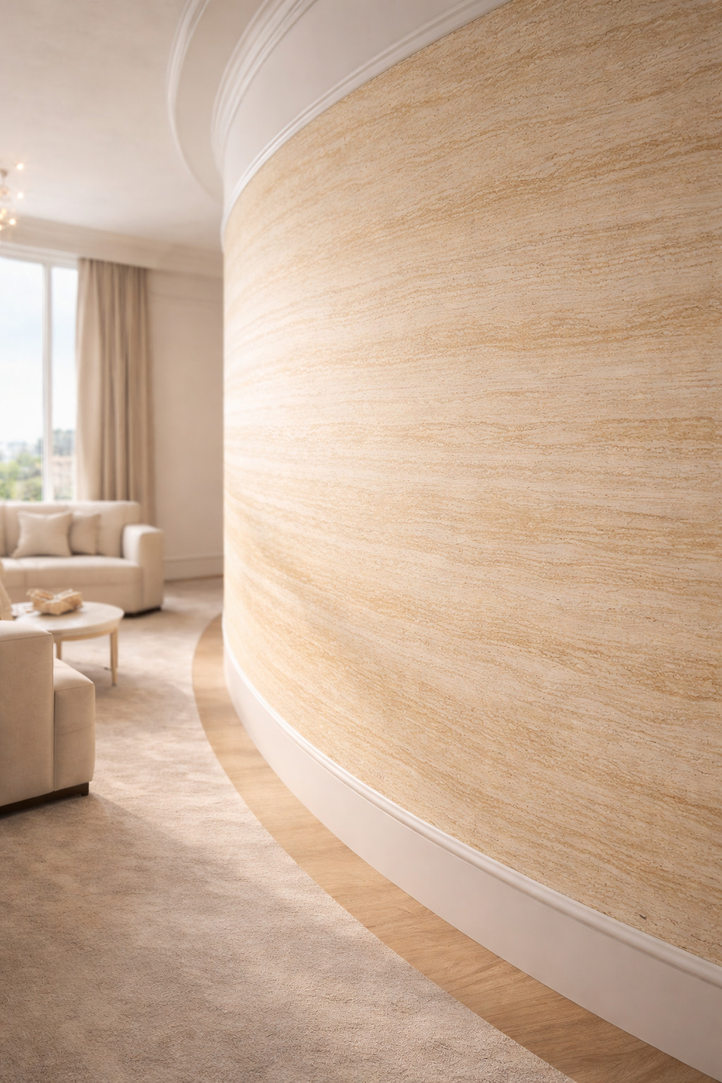 Гибкий камень Alpine Walls Гибкая керамика Travertino Crema MTR-013PW 1200×600×4 фото в интерьере