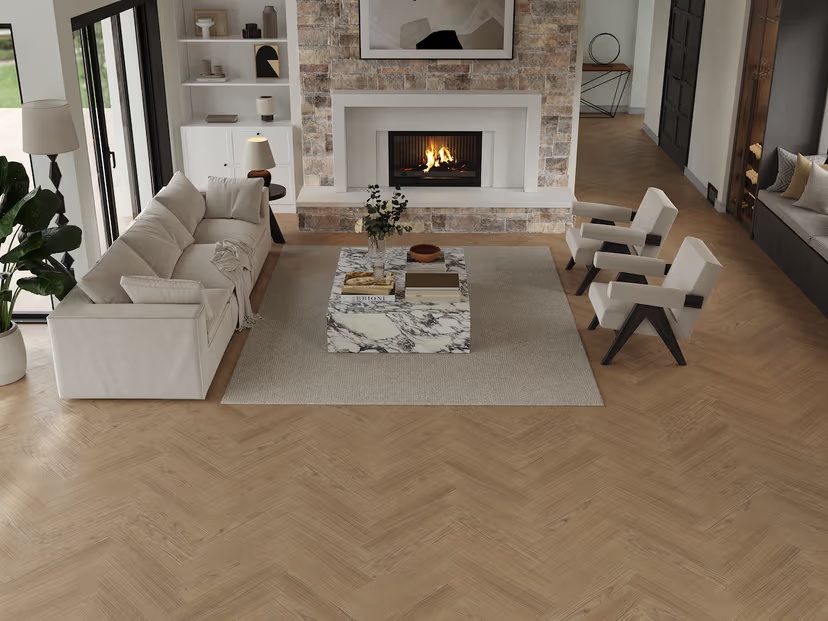 Композитная паркетная доска Alpine Floor Приоритет Паркет Дуб Статусный ECO 30-3 венгерская елка 600×125×5,5 фото в интерьере