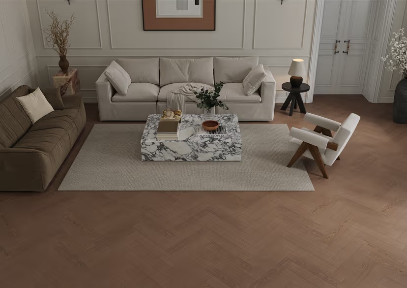 Композитная паркетная доска Alpine Floor Приоритет Паркет Дуб Престижный ECO 30-4 венгерская елка 600×125×5,5 фото в интерьере