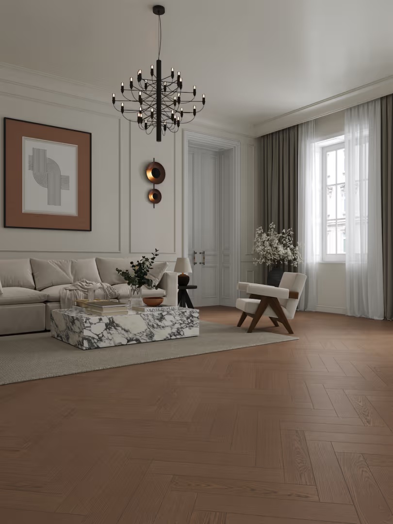 Композитная паркетная доска Alpine Floor Приоритет Паркет Дуб Престижный ECO 30-4 венгерская елка 600×125×5,5 фото в интерьере