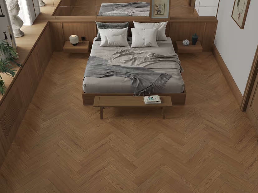 Композитная паркетная доска Alpine Floor Приоритет Паркет Дуб Винтажный ECO 30-6 венгерская елка 600×125×5,5 фото в интерьере