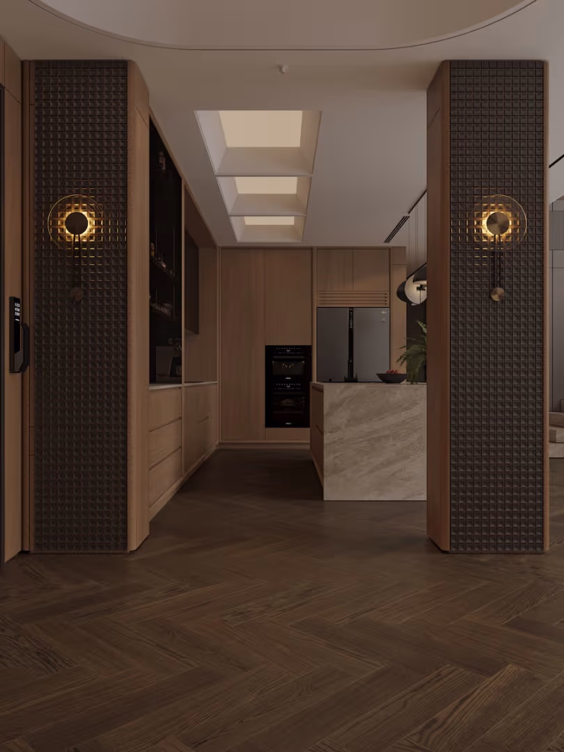 Композитная паркетная доска Alpine Floor Приоритет Паркет Дуб Благородный ECO 30-7 венгерская елка 600×125×5,5 фото в интерьере
