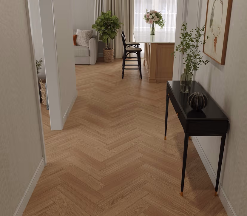 Композитная паркетная доска Alpine Floor Приоритет Паркет Дуб Монолитный ECO 30-8 венгерская елка 600×125×5,5 фото в интерьере