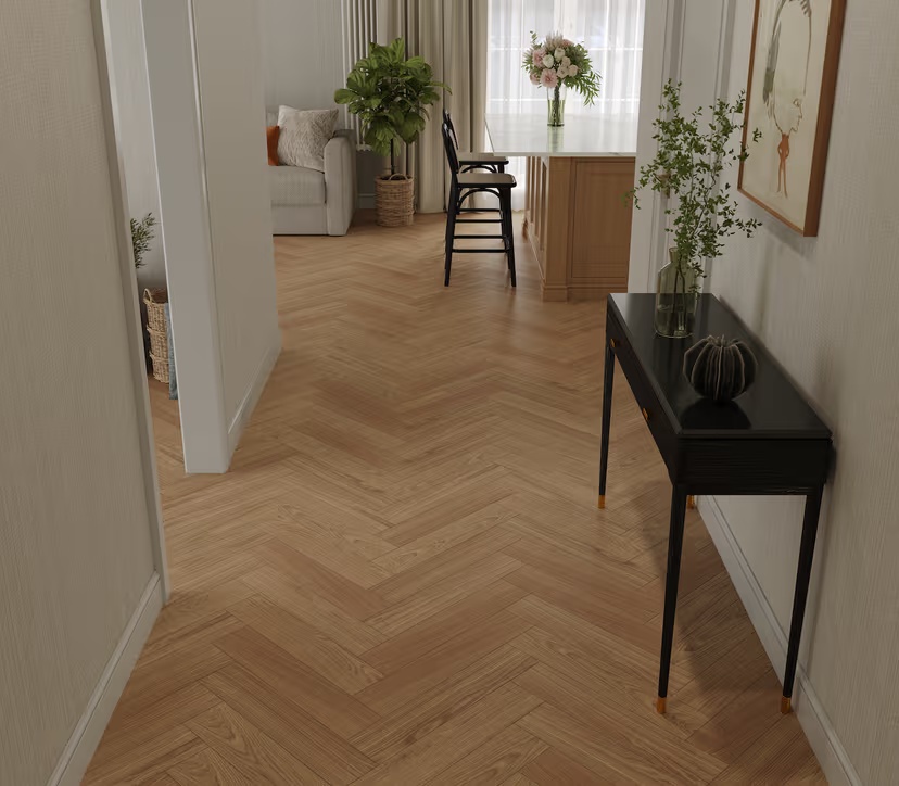 Композитная паркетная доска Alpine Floor Приоритет Паркет Дуб Монолитный ECO 30-8 венгерская елка 600×125×5,5 фото в интерьере