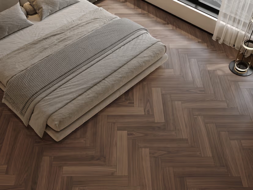 Композитная паркетная доска Alpine Floor Приоритет Паркет Орех Натуральный ECO 30-9 венгерская елка 600×125×5,5 фото в интерьере