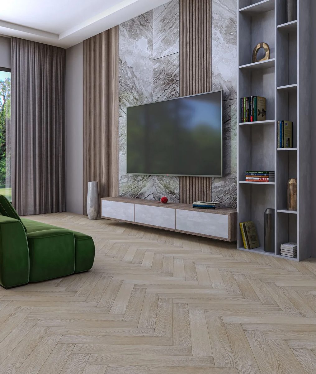 Ламинат My Step Herringbone 8 Дуб Руан MS4308 венгерская елка 600×100×8 фото в интерьере