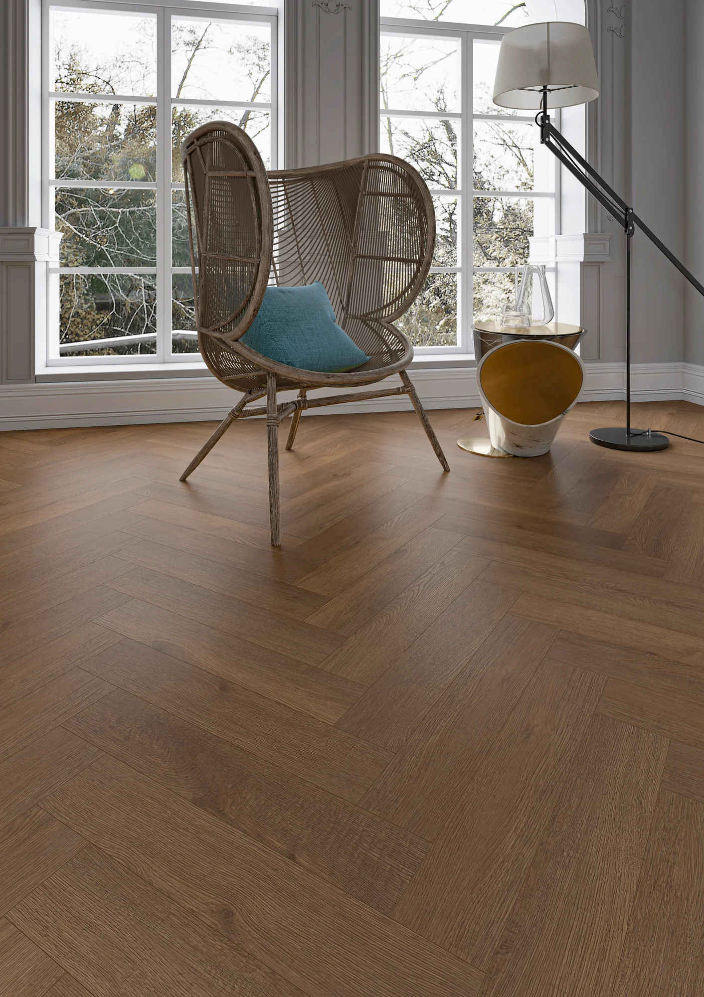 Ламинат My Step Herringbone 12 Гранд MS6612 венгерская елка 605×110×12 фото в интерьере