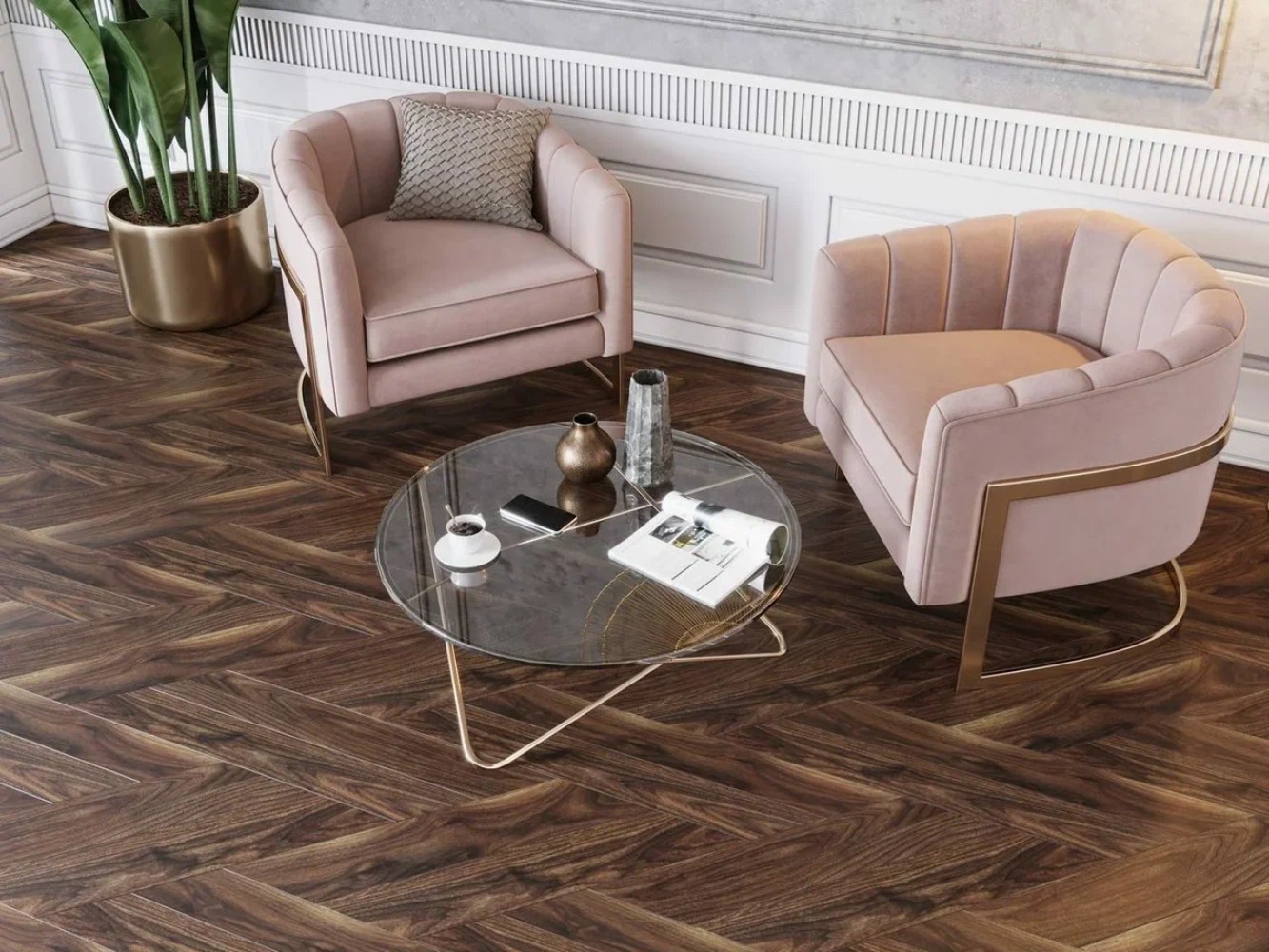 Ламинат CBM Ostrost Орех Габри 502 французская елка 729,6×129,3×12 фото в интерьере