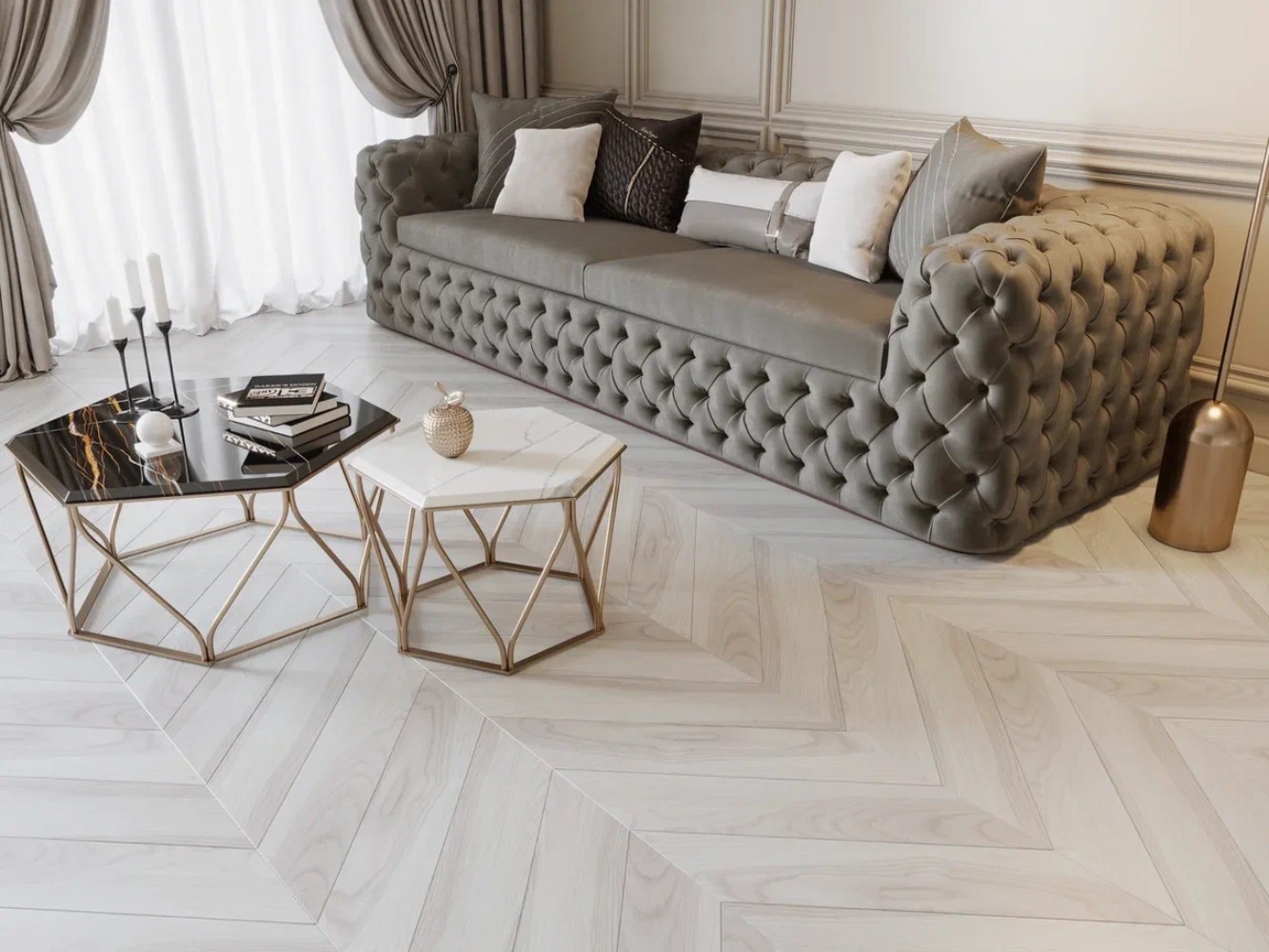 Ламинат CBM Ostrost Ясень Сазава 503 французская елка 729,6×129,3×12 фото в интерьере