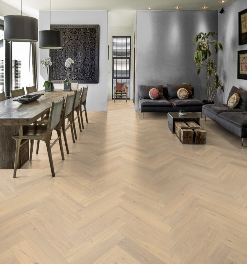 Инженерная доска Kahrs Дуб CD Белое масло White Oil 111PCDEKFVKE16R / 111PCDEKFVKE16L Lively венгерская елка 600×120×11 фото в интерьере