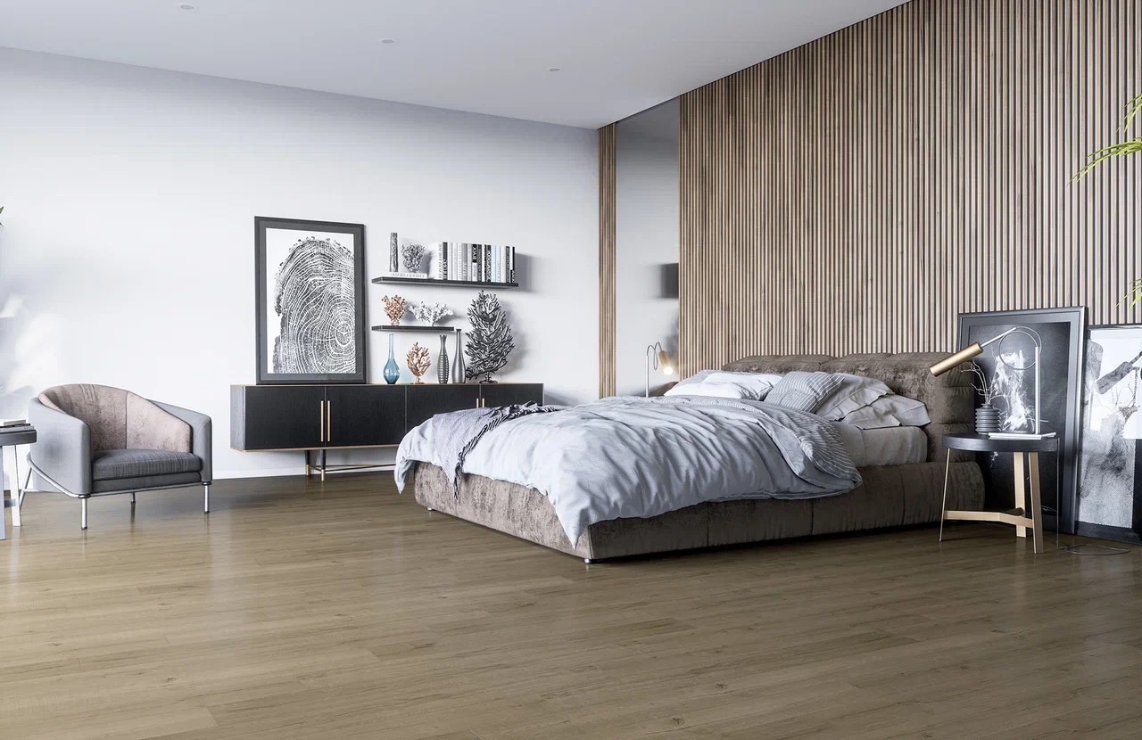 Кварцвиниловый SPC ламинат Fargo Comfort Дуб Марракеш 81996-10 1220×180×4 фото в интерьере