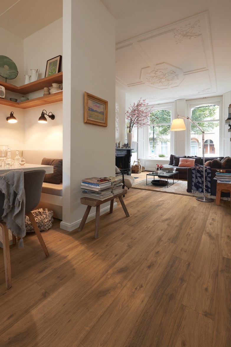 Ламинат Meister LD 150/6377 Дуб Кимзе коричневый 1288×198×8 фото в интерьере