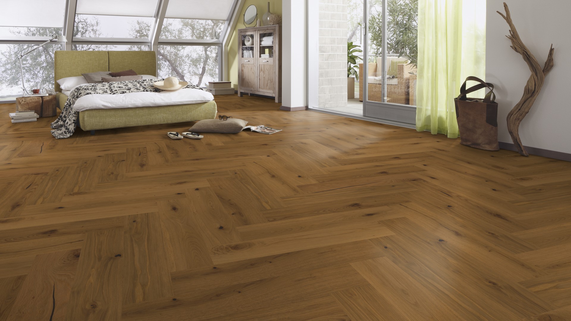 Паркетная доска Meister PS 500 Residence Дуб витал Серовато-бежевый 8809 елка 710×142×13 фото в интерьере