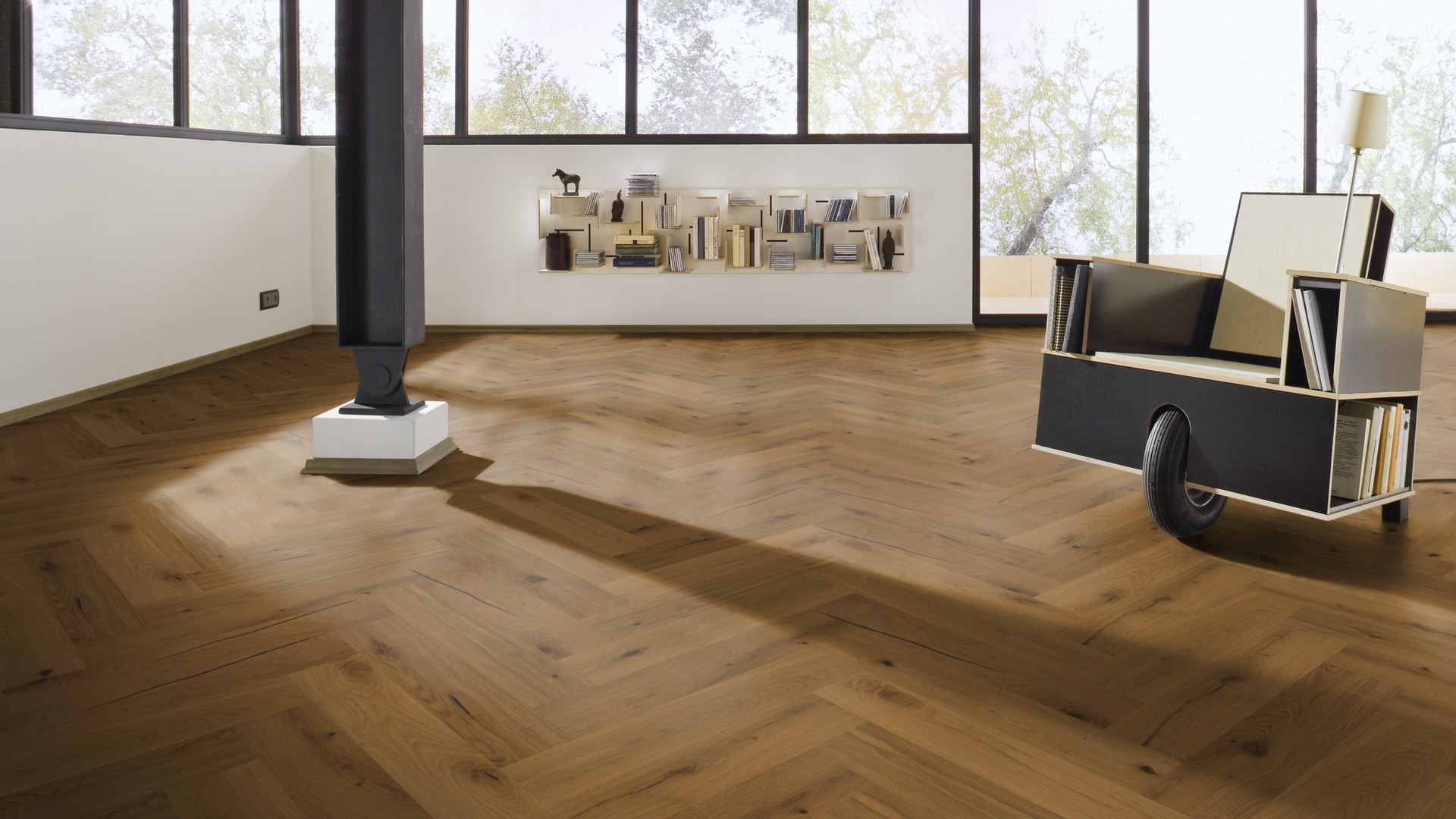 Паркетная доска Meister PS 500 Residence Дуб витал Серовато-бежевый 8809 елка 710×142×13 фото в интерьере