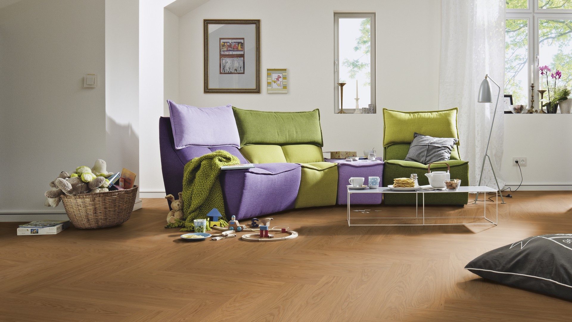 Паркетная доска Meister PS 500 Residence Дуб гармония масло 8807 елка 710×142×13 фото в интерьере