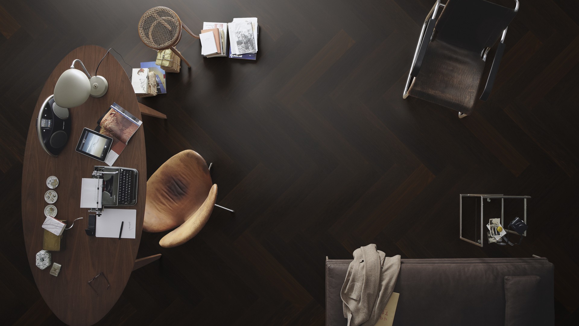 Паркетная доска Meister PS 500 Residence Дуб гармония Закопчёный 8052 елка 710×142×13 фото в интерьере