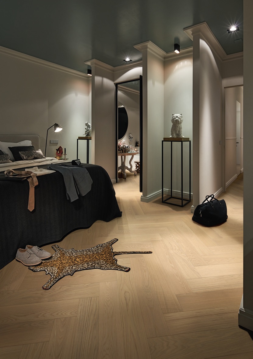 Паркетная доска Meister PS 500 Residence Дуб гармония Простой масло 8805 елка 710×142×13 фото в интерьере