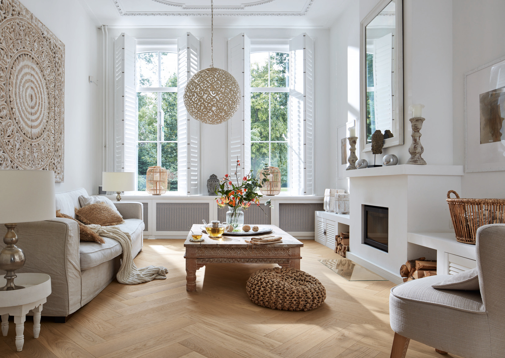 Паркетная доска Meister PS 500 Residence Дуб гармония Простой масло 8805 елка 710×142×13 фото в интерьере