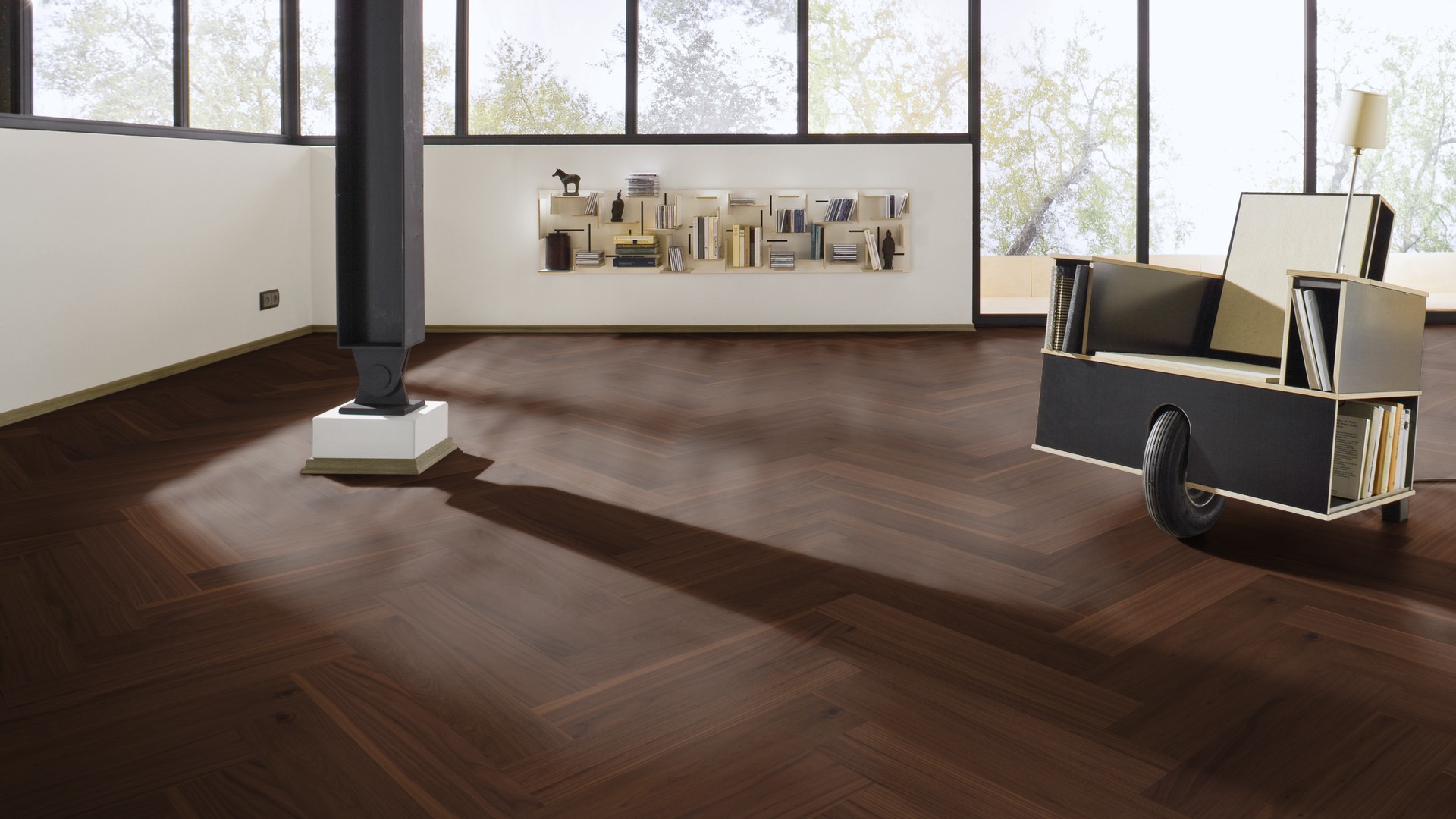 Паркетная доска Meister PS 500 Residence Орех американский лайвли 8044 елка 710×142×13 фото в интерьере