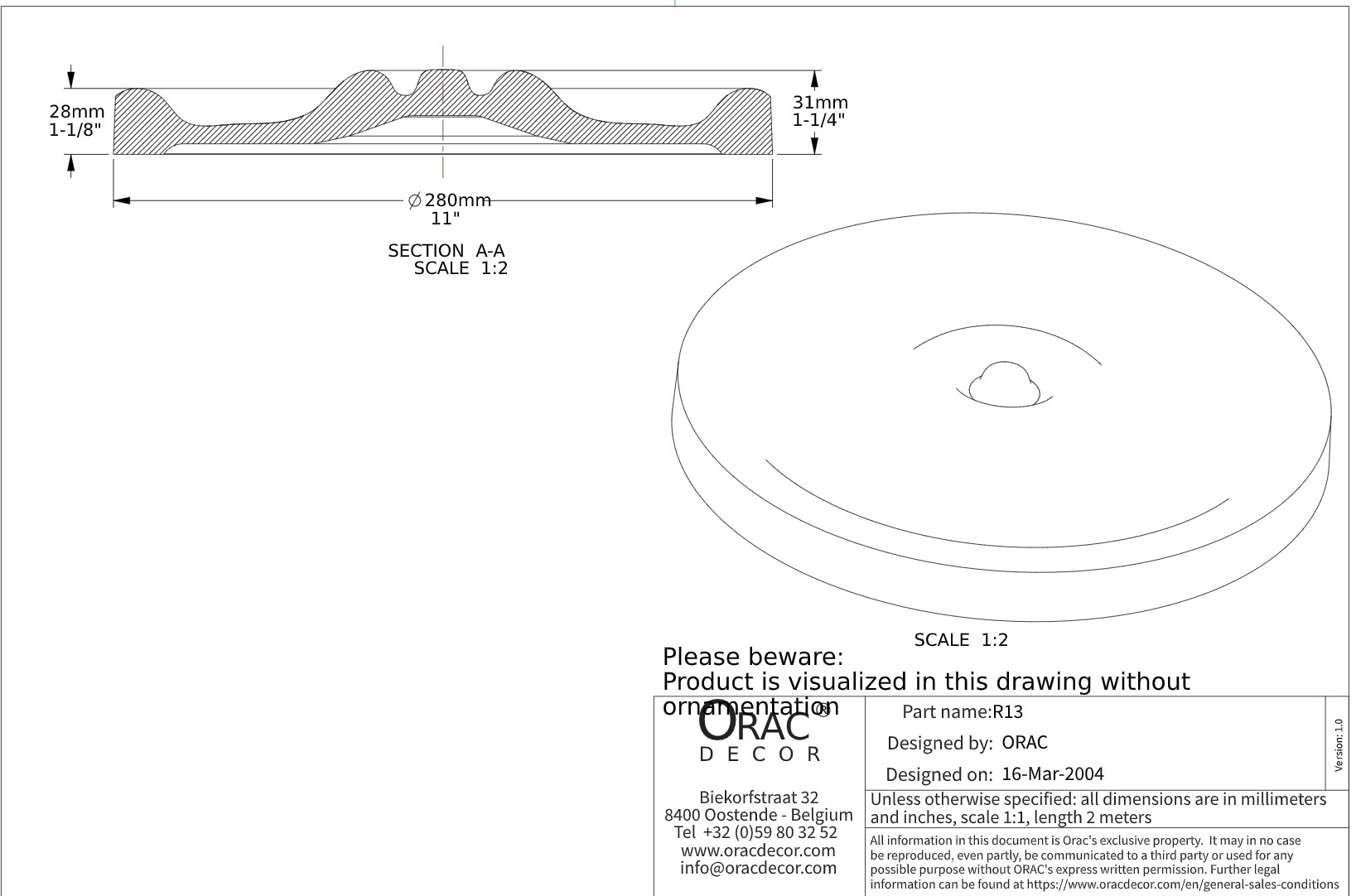 Потолочная розетка под покраску Orac Decor R13 28см