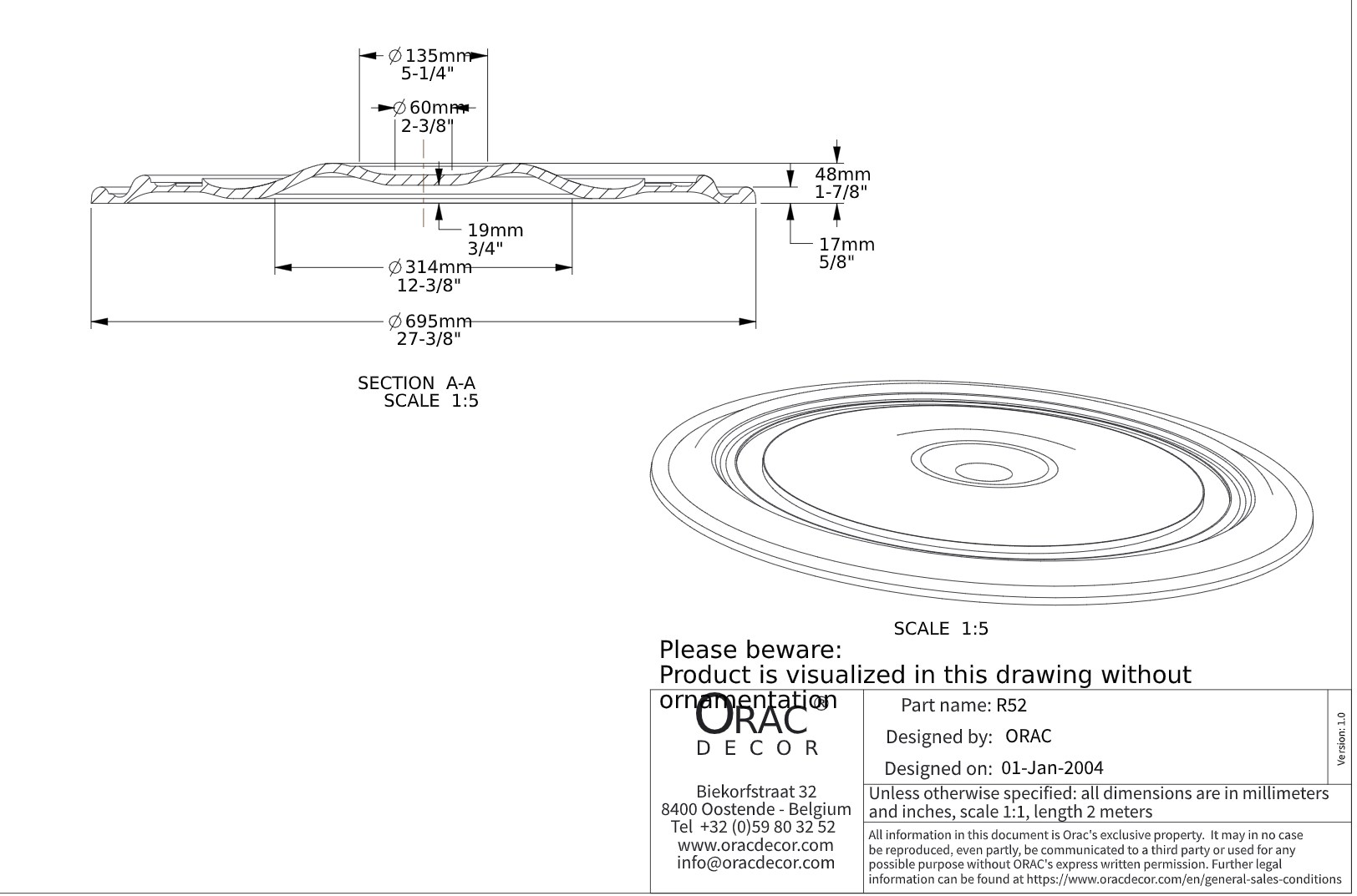 Потолочная розетка под покраску Orac Decor R52 69,5см