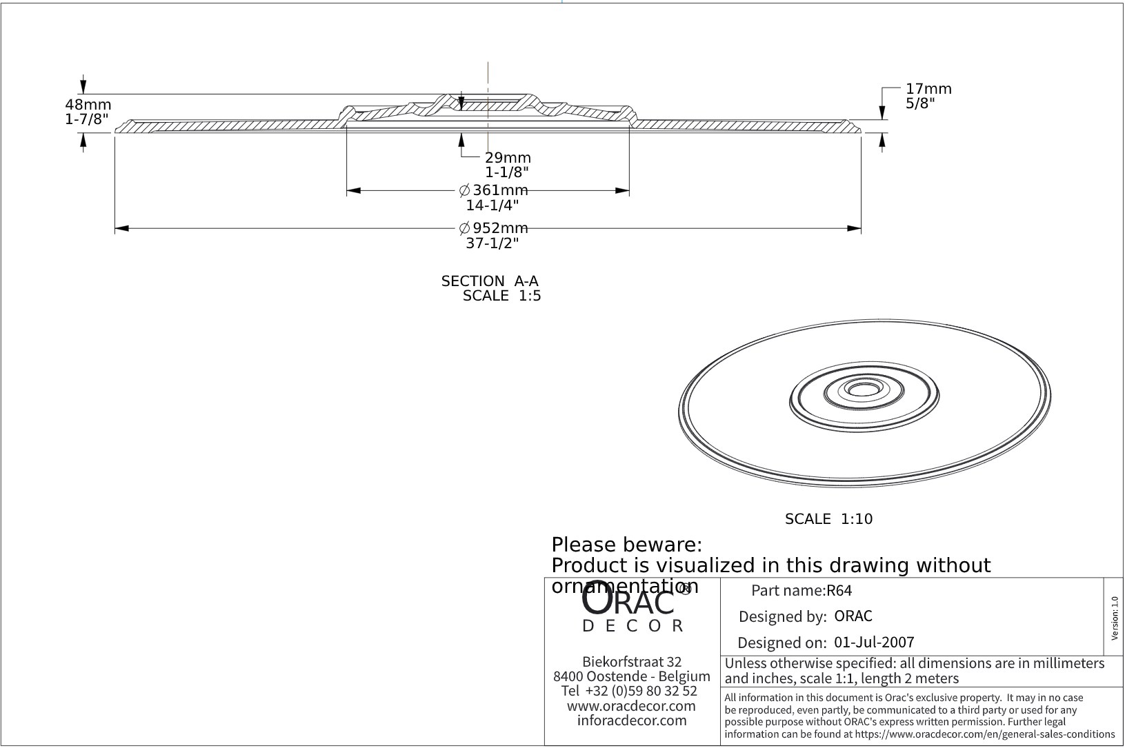 Потолочная розетка под покраску Orac Decor R64 95,2см